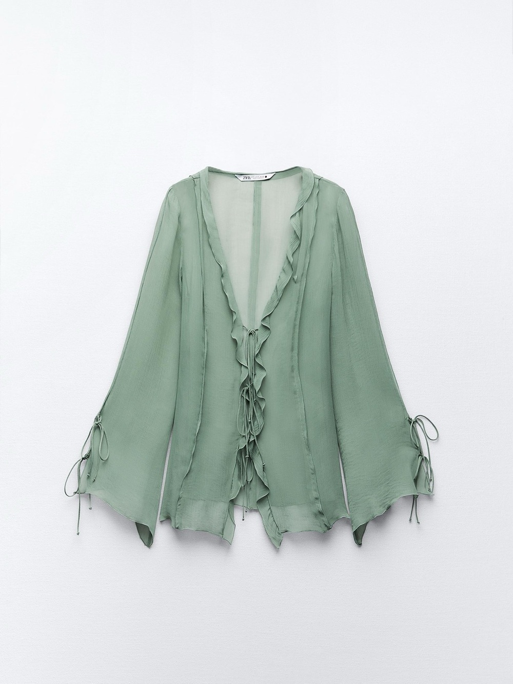Zara Sage Green Ruffle Tie-Front Blouse